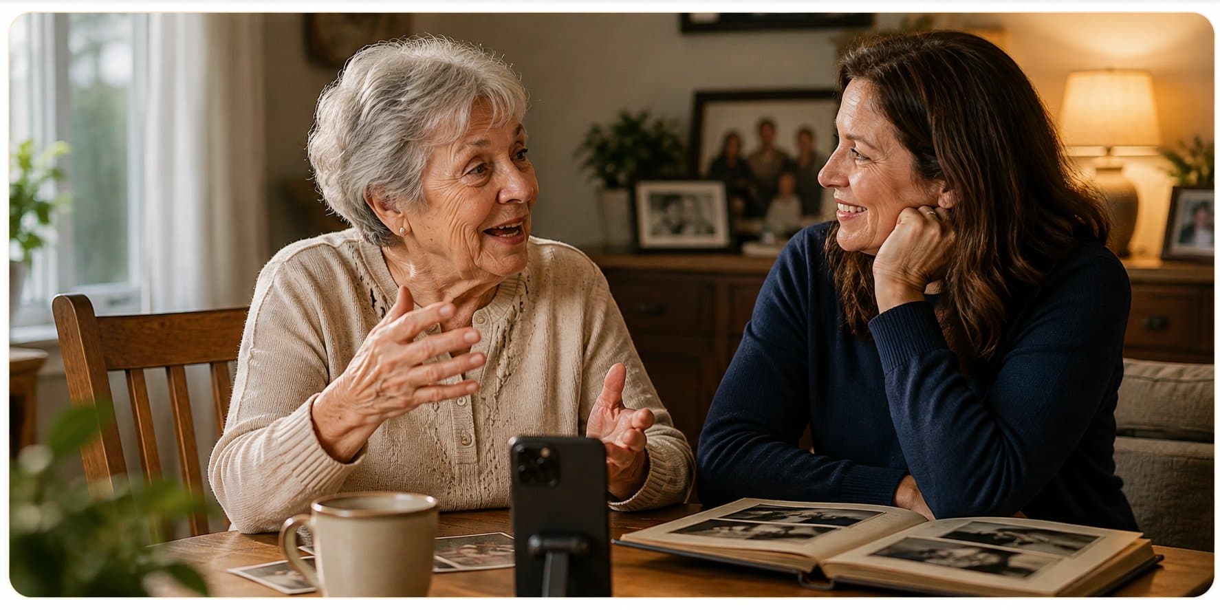 A grandmother and her adult daughter sit together at a table, talking and looking through an old photo album while a phone on a stand records the conversation.