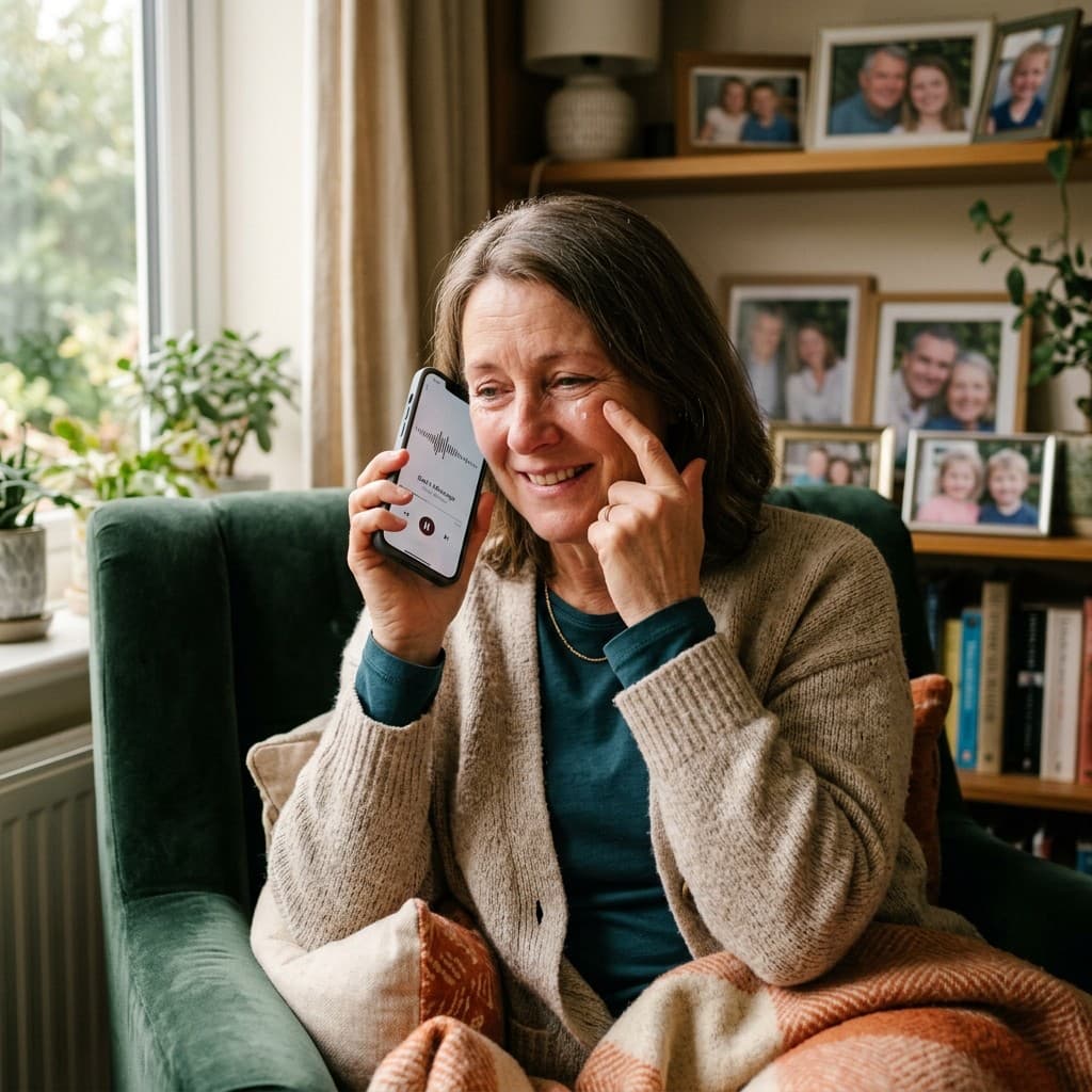 A woman sits in a warm living room, listening to a recorded family story on her phone.