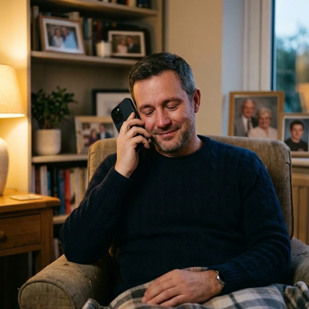 A son sits at home, listening to a recorded story from his parent.