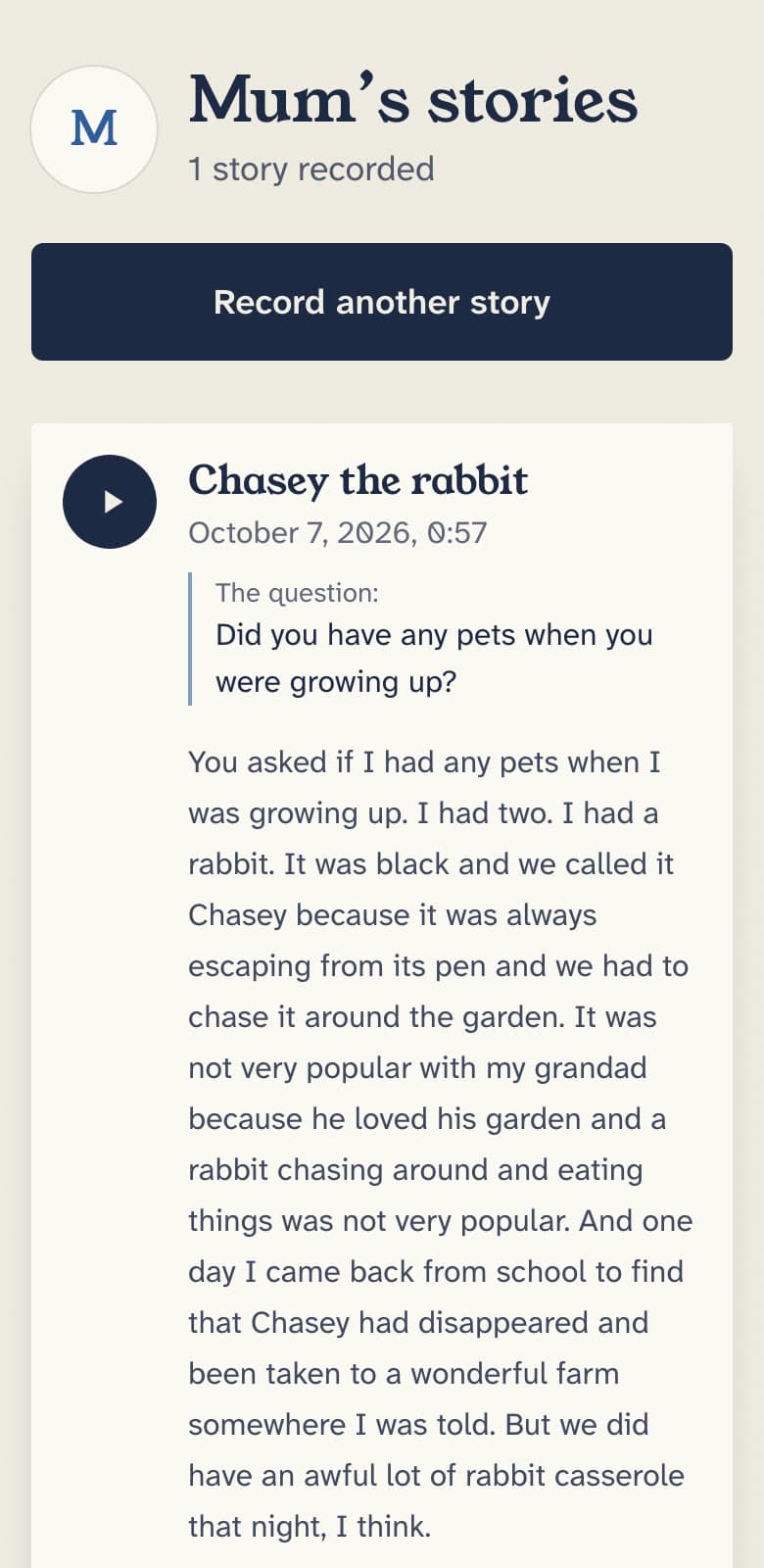 The saved story, Chasey the rabbit, with a play button and the full written transcript.