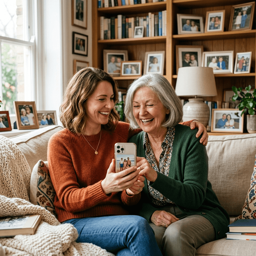 A parent and their adult child sitting together on a cream couch in a warm, book-lined living room, laughing as they look at a phone together, with framed family photos on the shelves behind them.