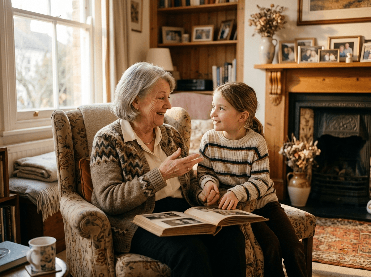 A grandparent and their young grandchild sitting together in a sunlit living room armchair, looking at each other mid-conversation with an open family photo album on their laps, framed family photos on the bookshelf and mantel behind them.