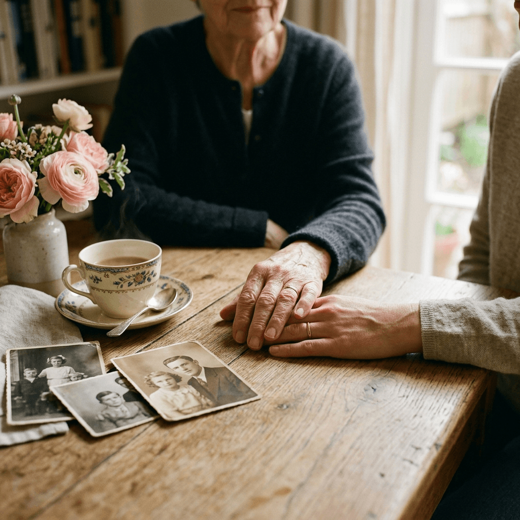 A parent and their adult child resting their hands together on a wooden kitchen table, with a vase of flowers, a teacup with steam rising, and a small stack of old black-and-white family photographs beside them.